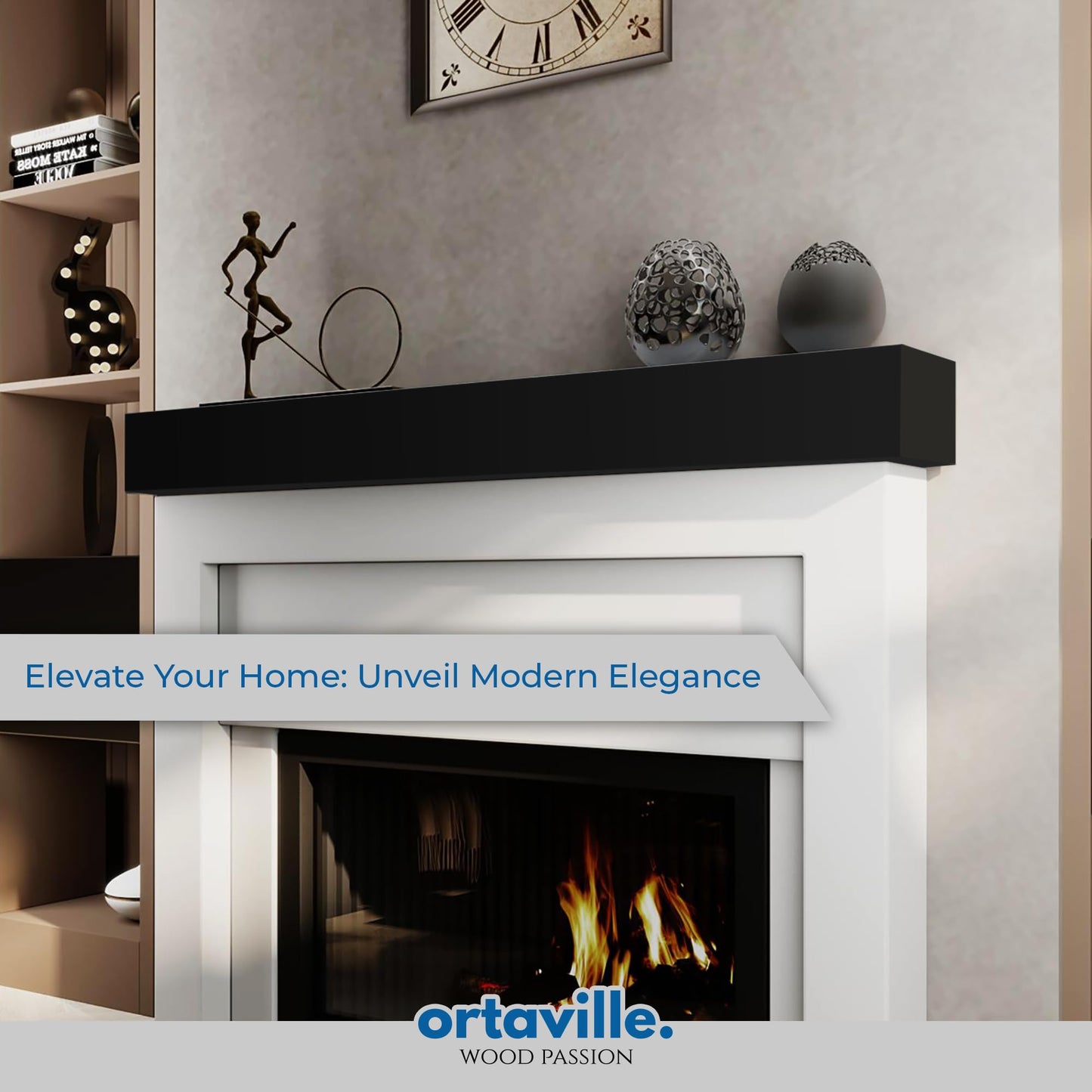 Ortaville Fireplace Mantel, Modern Design, Matte Lacqeur Finish, Wall-Mounted Floating Shelf (60", Black)