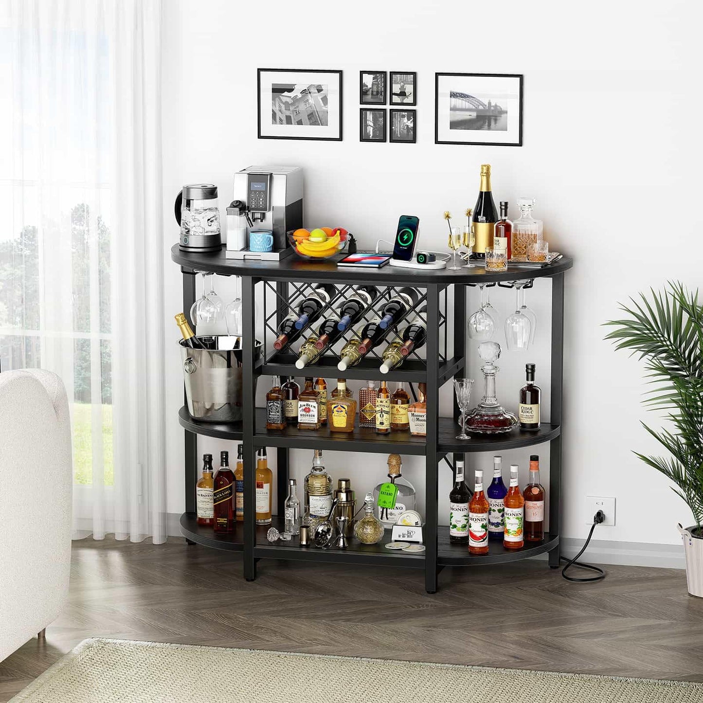 Zarler Bar Table Cabinet with Power Outlet, LED Home Mini Bar Cabinet for Liquor, Metal Wine Bar Stand with 4-Tier Storage, Easy to Assemble, Black