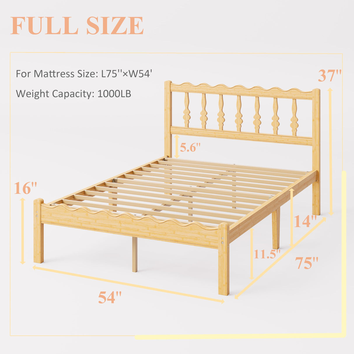ZIYOO Solid Bamboo Wood Full Size Bed Frame with Headboard, 14 inch Platform Bed Frames Full No Box Spring Needed with Steel Slats, Sturdy and Stable, Easy Assembly, Noise Free ZIYOO