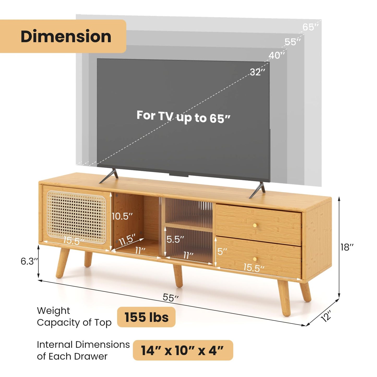 Giantex Bamboo TV Stand for 55 60 65 Inch TV, PE Rattan Entertainment Center with Sliding Doors, Drawers, Open Shelves, 5 Solid Wood Legs, 2 Cable Holes, TV Console Table for Living Room, Bedroom