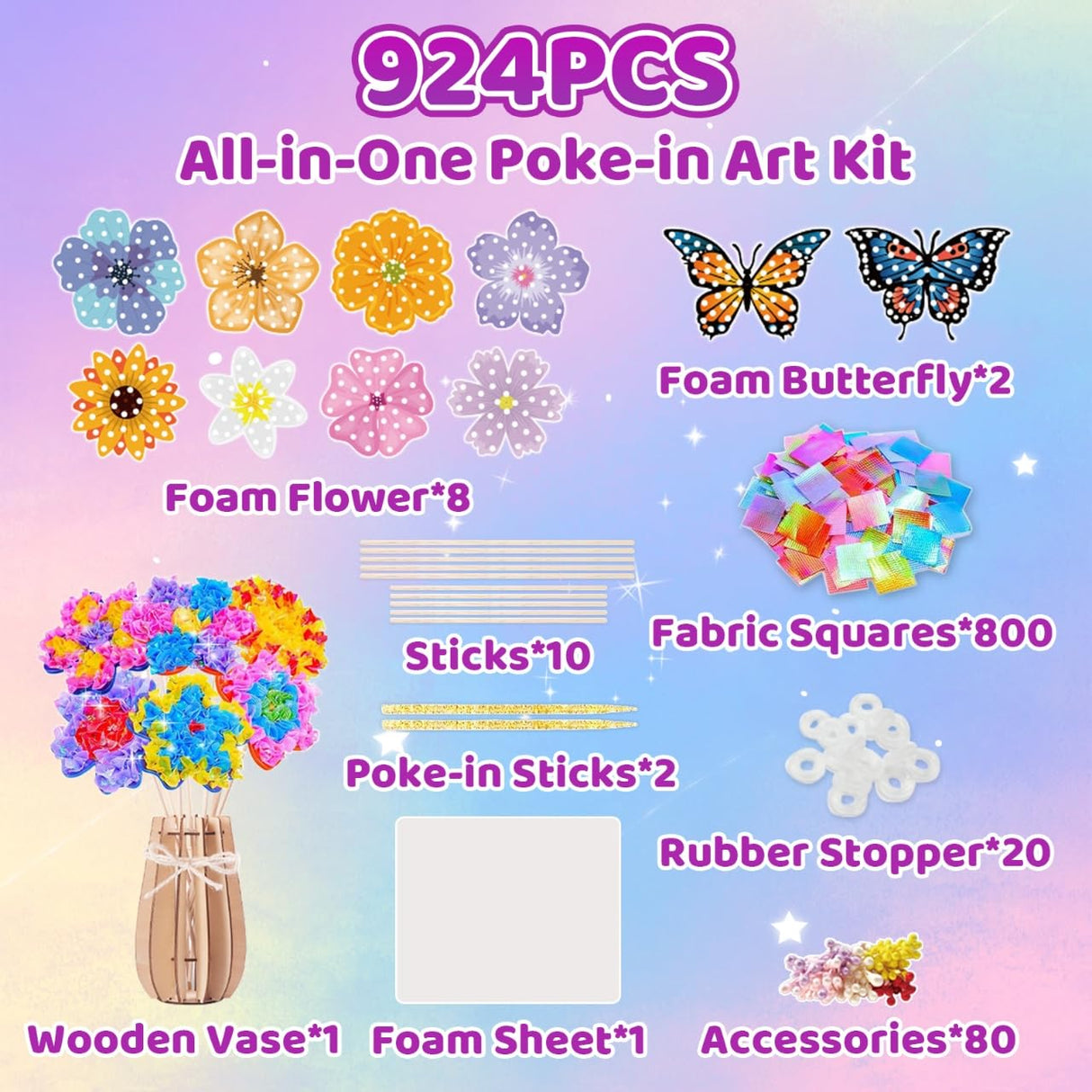 Poke Art Flower Bouquet Craft Kit - DIY Creative Activity Toy with 8 Flowers & 2 Butterflies, Wooden Arts and Crafts for Kids Ages 4 5 6 7 8+, DIY Creative Christmas Gift Kit for Girls Ages 4-12 GFLLFG