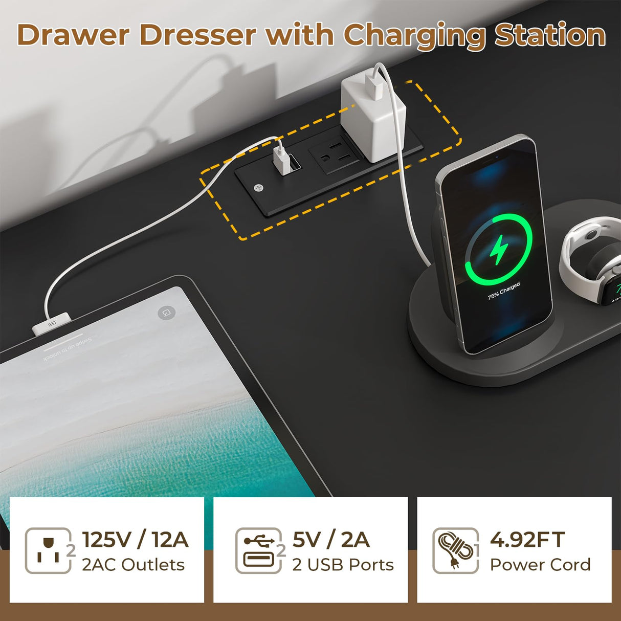 VIAGDO 6 Drawer Dresser with LED Lights and Charging Station, Black Bedroom Dresser with Open Storage, Modern Wood Chest of 6 Drawers Closet Organizers Storage Cabinet for Bedroom VIAGDO