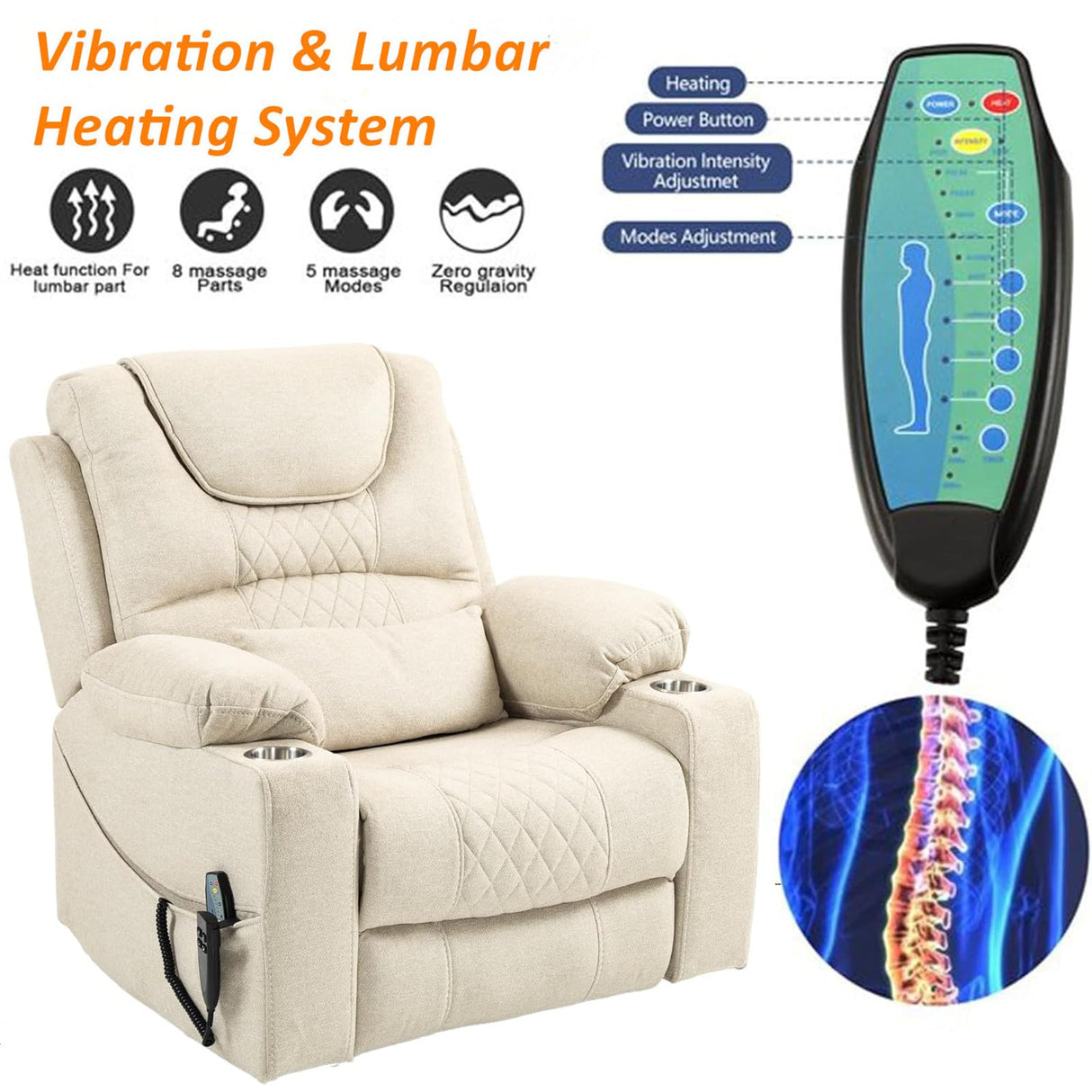 LITVZ 180 Degrees Lay Flat Lift Recliner Chair with Heat and Massage, Dual Motor Infinite Position Electric Power Lift Recliners for Elderly, Big Man Up to 400 LBS, Seniors, White LITVZ