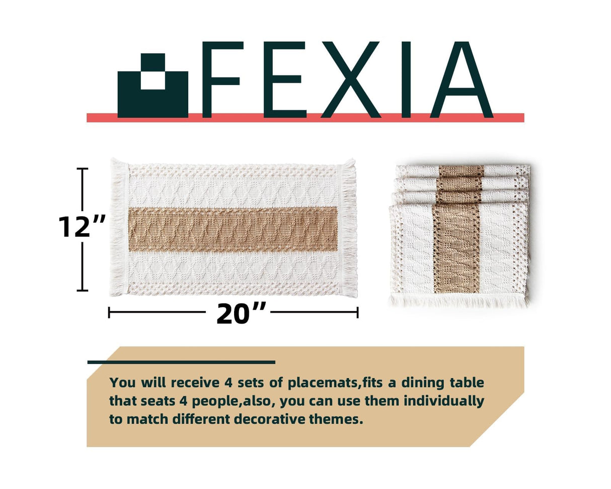 FEXIA Boho Placemats Set of 4, Macrame Table Decor Farmhouse Style Placemats in Natural Cotton Burlap, for Kitchen and Dining Table Centerpiece Home Decorations FEXIA