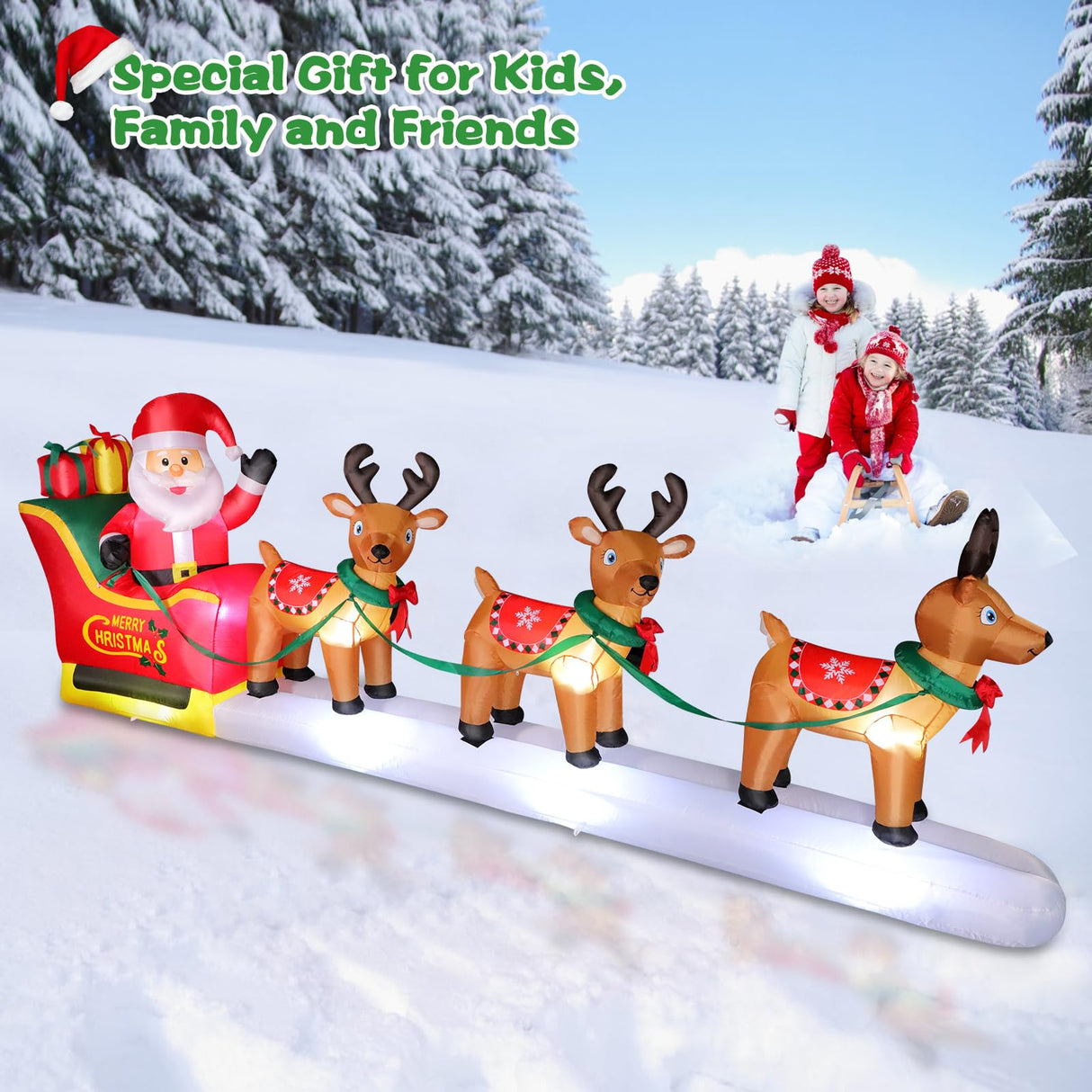 12FT Long Christmas Inflatables Santa Claus on Sleigh with 3 Reindeer Yard Decoration, Cute Blow Up Santa Xmas Decor with Bright LED Lights for Outdoor Garden Lawn Home Holiday Party Omdekor