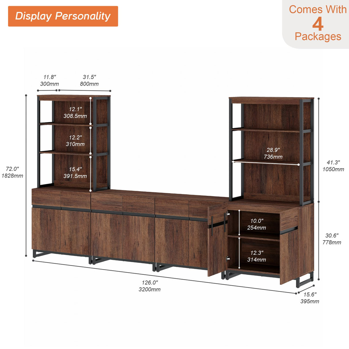 WAMPAT 3 Tier Bookshelf with Storage Cabinets, 72" Tall Bookcase with Adjustable Shelf, Large Modern Display Book Case Shelf with Door, Library Wood Bookshelves for Home Office, Living Room, Brown WAMPAT