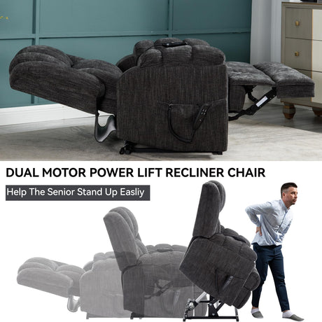 RHHVVR Power Lift Recliner Chair for Elderly, Oversized Chenille Electric Recliners Chairs for Living Room, Dual Motor 180° Lay Flat Recliner Big Sofa with Massage and Heating, Heavy-Duty, Grey RHHVVR