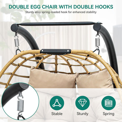 YITAHOME Double Hanging Egg Swing Chair Patio Love Seats 2 Person Couple Wicker Rattan Chair Outdoor Egg Chair with Cushions 550lbs for Patio, Poolside, Balcony,Round Khaki - WoodArtSupply