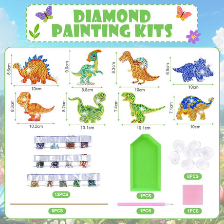 AUAUY 8PCS Dinosaur Diamond Art Kits, Diamond Painting Set for Garden Decor, Dinosaur Diamond Painting Ornaments Accessories, DIY Stakes Diamond Art Kits Crafts Supplies for Adult AUAUY