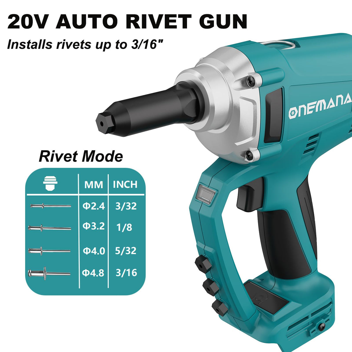 Cordless Rivet Gun Tool, ONEMANA Electric Automatic Rivet Gun Brushless up to 3/16'', Tool-free Nose Piece Change, Compatible with Makita Battery Pack (Bare Tool Only) ONEMANA