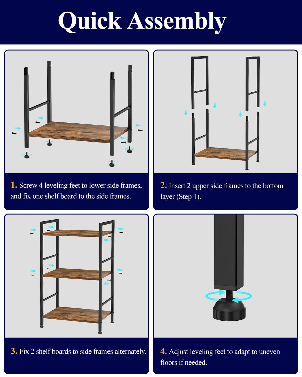 Kitsure 3-Tier Book Shelf - Wood & Metal Bookshelf with Handle & Adjustable Feet, Lightweight Bookcase for Living Room, Bedroom, Kitchen, Office or Dorm (16.5"×11.0"×28.1") Kitsure