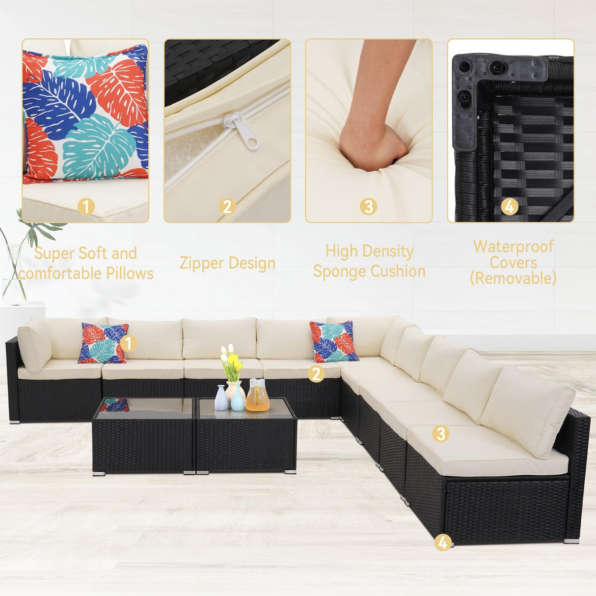 Wonlink 11 Pieces Patio Conversation Set, Rattan Sectional Patio Sofa, Outdoor Wicker Furniture Sets for Porch Deck Poolside Balcony Wonlink