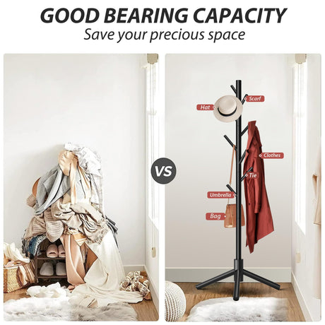 Unisakey Durable Wooden Coat Rack Stand(New Black), Freestanding Coat Rack with Stable Triangular Base, 8 Hooks & 3 Adjustable Heights, Simple Assembly for Bedroom, Hallway, Office Unisakey