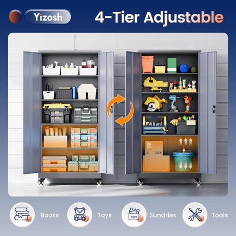 Yizosh Metal Garage Storage Cabinet with Locking Doors and Adjustable Shelves,- 75" Rolling Steel Tool Cabinet for Home Office,Garage,Warehouse Yizosh