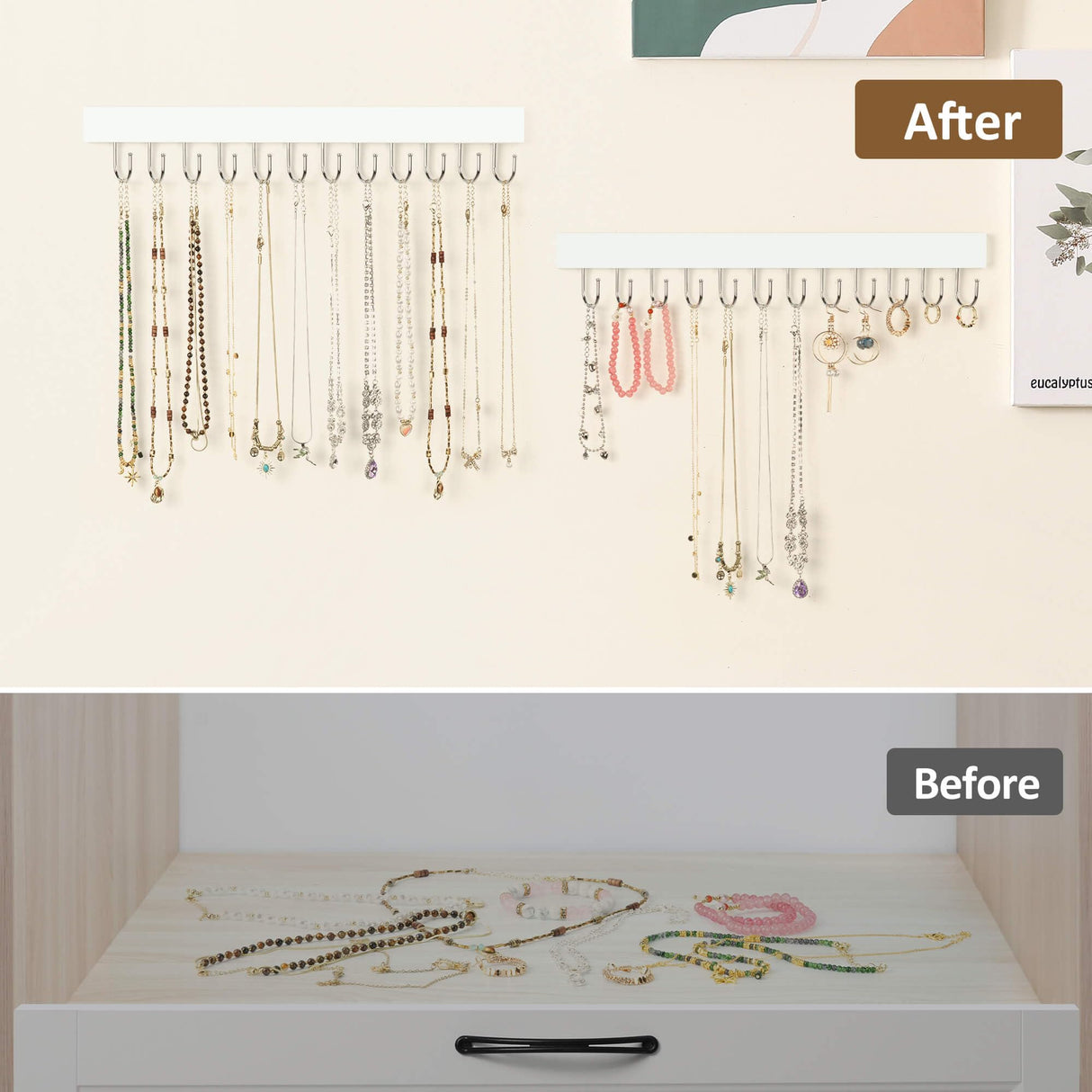 ZEDODIER 2 Pack Necklace Organizer Wall Mount, Wooden Jewelry Hanger Necklace Holder with 24 Hooks,Hanging Jewelry Organizer, White ZEDODIER