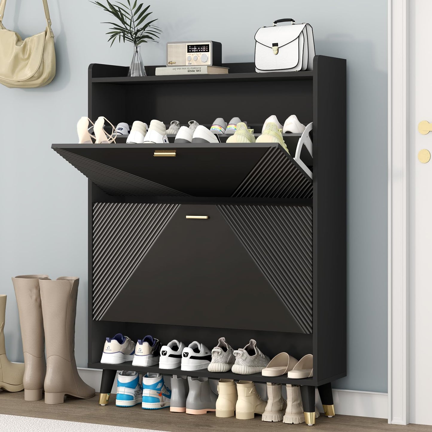 howcool Shoe Storage Cabinet with 2 Flip Drawers, Slim Wooden Freestanding Shoe Cabinet with Cubby and Shelf, Hidden Narrow Shoes Rack Organizer for Entryway Hallway, Holds 24 Pairs, Black - WoodArtSupply