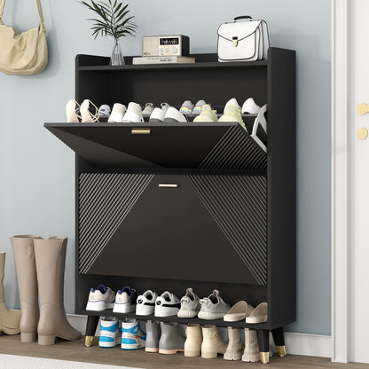 howcool Shoe Storage Cabinet with 2 Flip Drawers, Slim Wooden Freestanding Shoe Cabinet with Cubby and Shelf, Hidden Narrow Shoes Rack Organizer for Entryway Hallway, Holds 24 Pairs, Black - WoodArtSupply