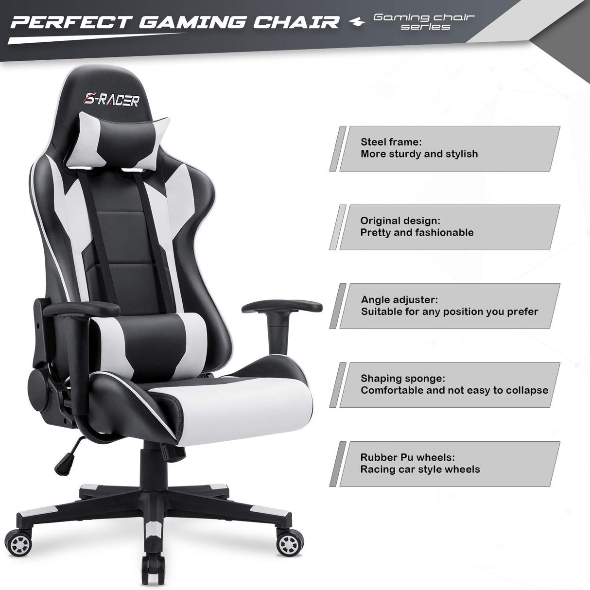 Furniwell Gaming Chair PU Leather Office Chair High Back Computer Chair Desk Chair Adjustable Swivel Racing Executive Leather Ergonomic Task Chair with Headrest and Lumbar Support (White) Furniwell