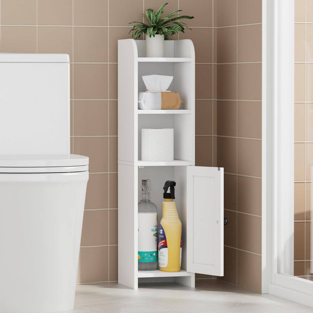 Homhedy Small Bathroom Storage Corner Floor Cabinet with Door and Shelves, Beside The Toilet Paper Stand for Skinny, Narrow Toilet Paper Cabinet, 9.8" D x 7.9" W x 31" H, White Homhedy