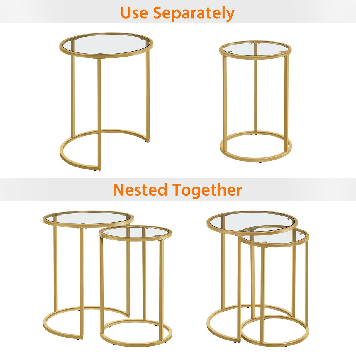 Yaheetech Round Nesting Side Table Stacking Coffee Table, Set of 2 Circular End Tables w/Metal Frame & Tempered Glass Top & Protective Foot Pads for Small Space Living Room Office, Mustard Gold Yaheetech