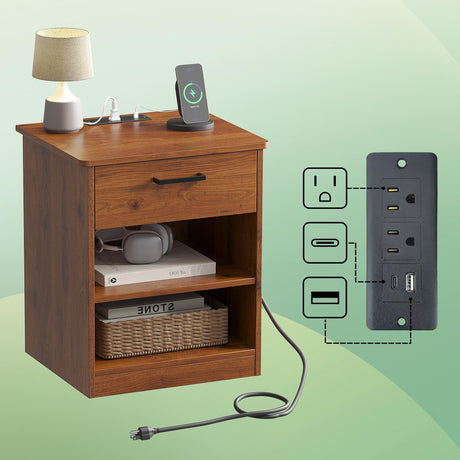 ODIKA Everyday Side Table with Fast Charging Station - USB C Cable Fast Charging, Wooden Brown Nightstand Bedside Table with Drawer, End Table with Optional Adjustable Shelf for Bedroom, Set of 1 ODIKA