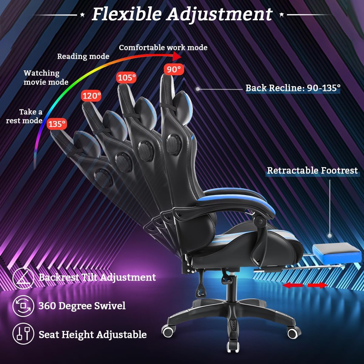HOFFREE RGB Gaming Chair with Speakers and Massage Ergonomic Computer Chair with Lights and Footrest Reclining Video Game Chairs for Adults Blue and Black HOFFREE