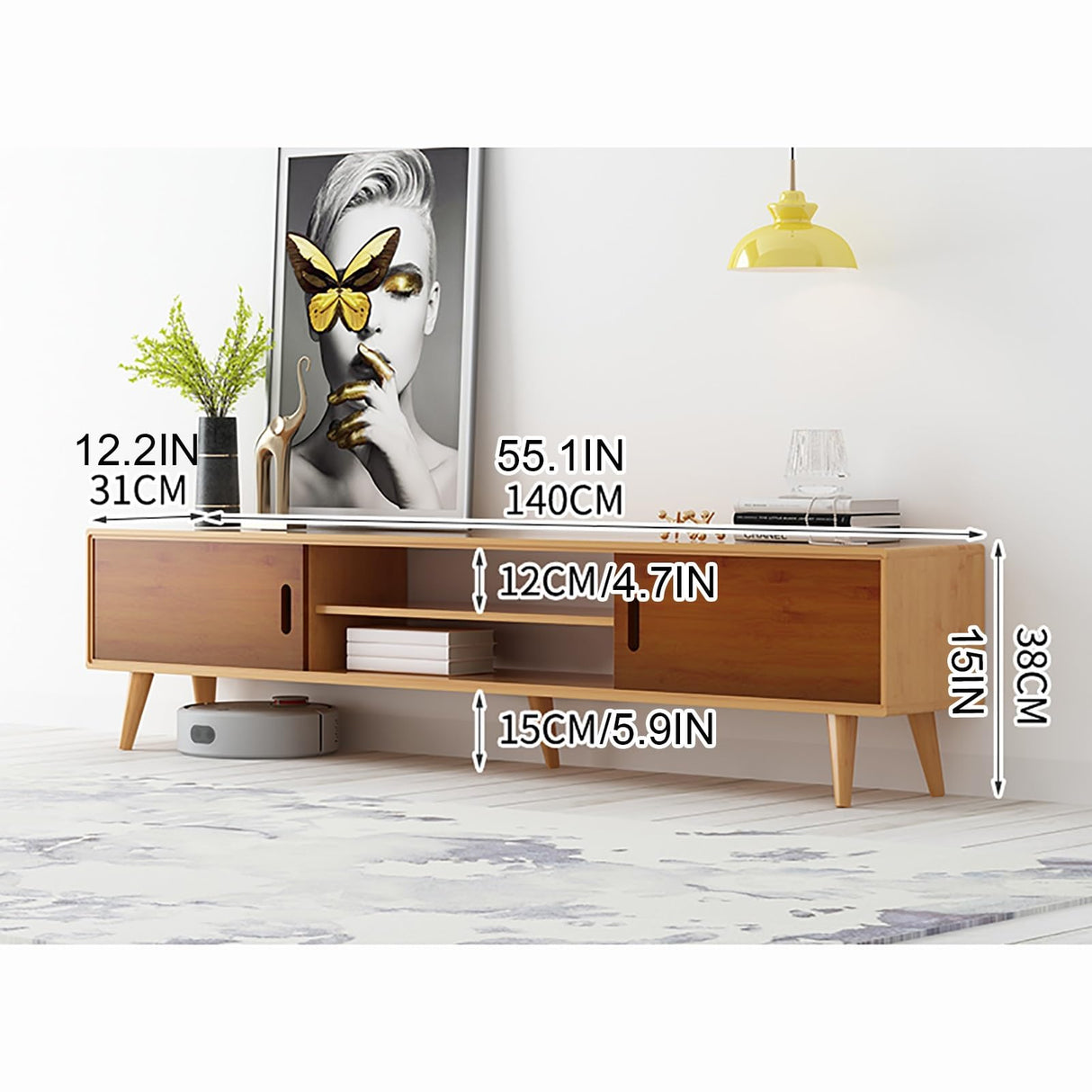WOLWES TV Console Table Bamboo TV Cabinet Low Entertainment Center Narrow Media Console TV Stand for Living Room, Bedroom (Color : Brown, Size : 55.1in-no Drawer) WOLWES
