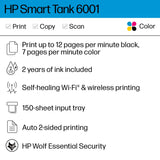 HP Smart -Tank 6001 Wireless Cartridge-Free all in one printer, this ink -tank printer comes with up to 2 years of ink included, with mobile print, scan, copy (2H0B9A) HP