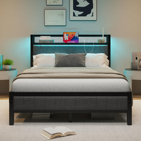 Diolong Full Size Bed Frame with Charging Station and LED Lights, Upholstered Headboard with Storage Shelves, Bed Frame Full, Heavy Duty Metal Slats, No Box Spring Needed, Noise Free Diolong