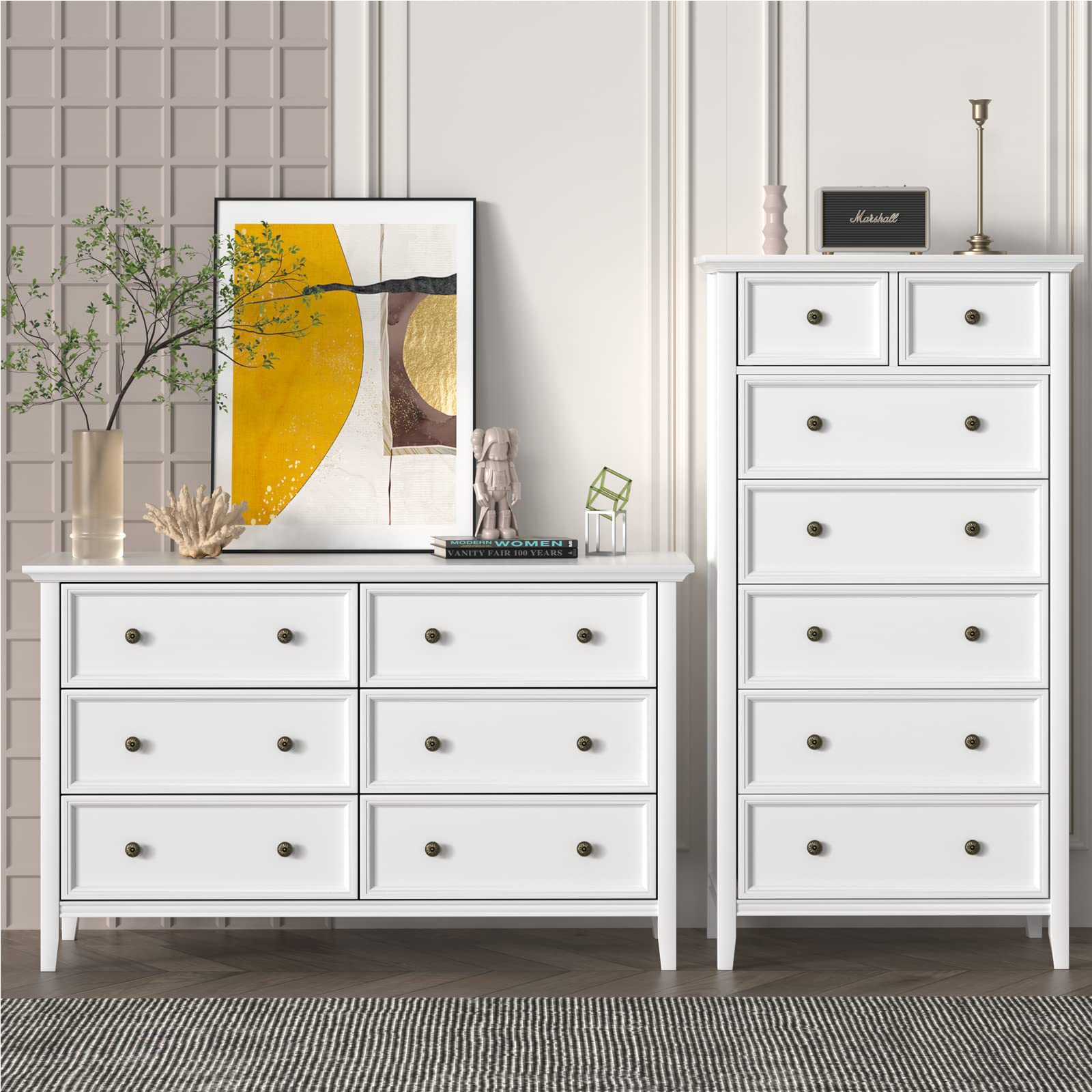 IKENO White 7 Drawer Tall Dresser, Tall Solid Wood Large Storage Cabinet, Modern Simple White Tall Chest of Drawer for Bedroom Living Room Hallway Entryway (White) - WoodArtSupply