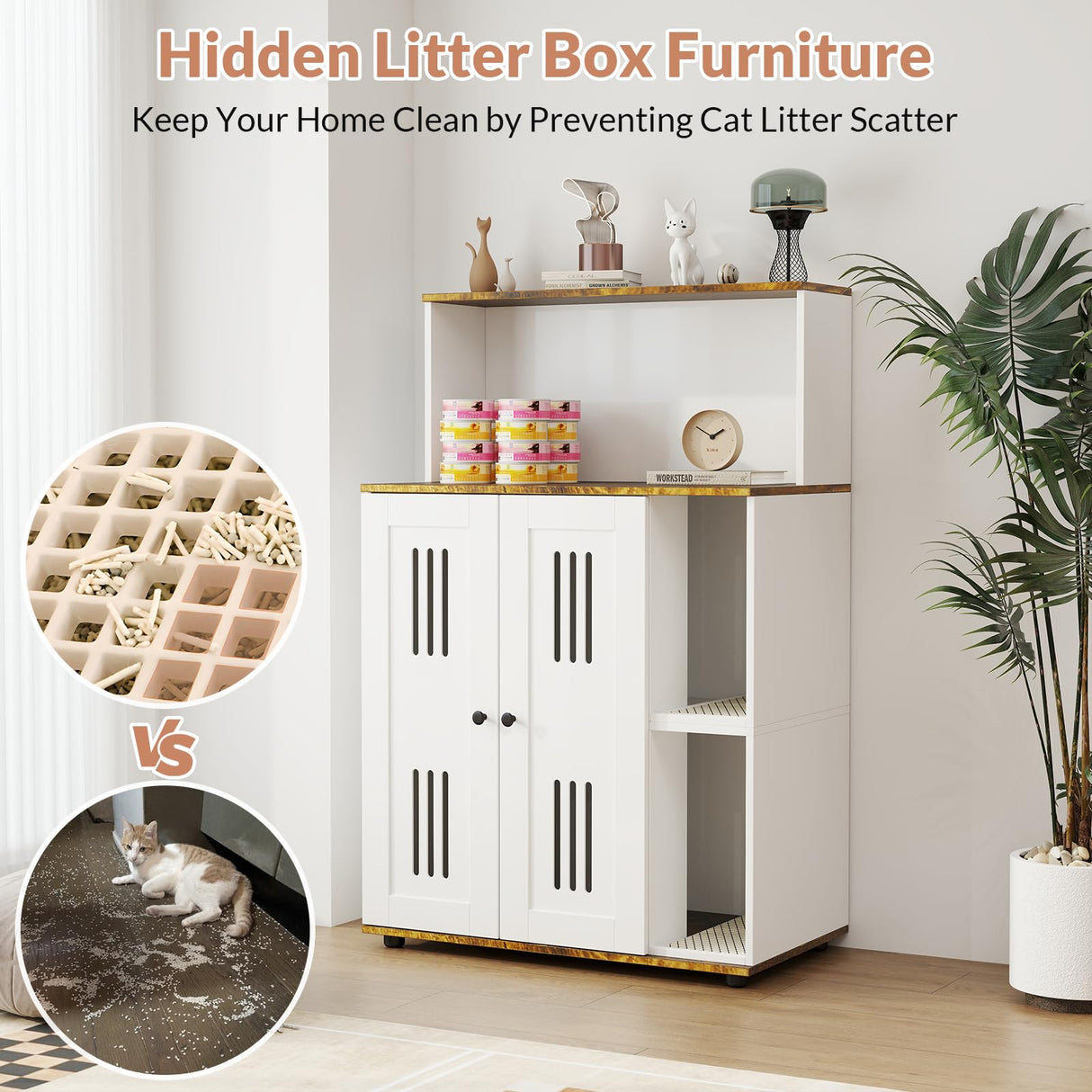 Rovibek Cat Litter Box Enclosure for 2 Cats, Litter Boxes Furniture Hidden with Storage, Cat Litter Cabinet with Scratch Mat, Fit Most of Litter Box, White Rovibek