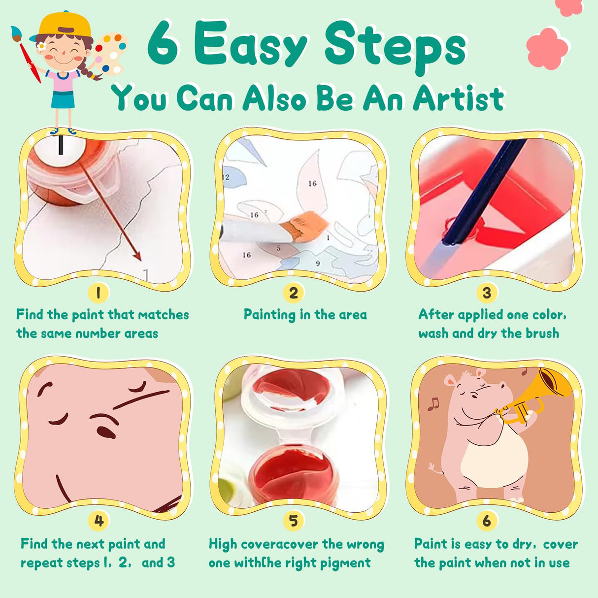 4 Pack Paint by Numbers Kit for Kids with Wooden Frame, Animals Easy Framed Paint by Numbers for Kids Age 4-8-12, DIY Simple Acrylic Oil Kids Painting by Numebrs Kit for Home Wall Decor (8x8 Inch) Offito