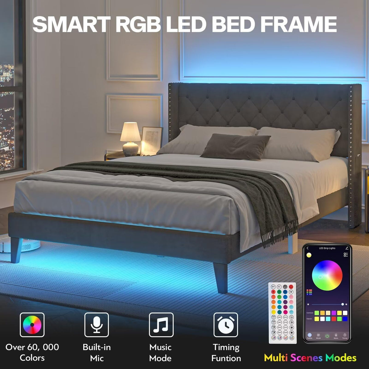 Lihimte Full Size Bed Frame with Led Lights, Upholstered Velvet Platform Bed Frames with Button Tufted Wingback Headboard and Footboard, Wooden Slats Support, No Box Spring Needed, Dark Grey Lihimte