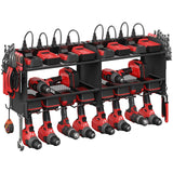 CCCEI Set Power Tool Organizer Wall Mount with Charging Station. Garage 4 Drill Storage Shelf with Hooks, Heavy Duty Metal Tool Battery Charger Organizer. Shop Utility Rack with Power Strip Black. CCCEI