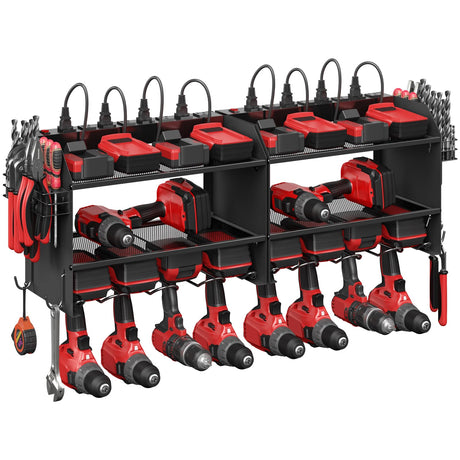 CCCEI Set Power Tool Organizer Wall Mount with Charging Station. Garage 4 Drill Storage Shelf with Hooks, Heavy Duty Metal Tool Battery Charger Organizer. Shop Utility Rack with Power Strip Black. CCCEI
