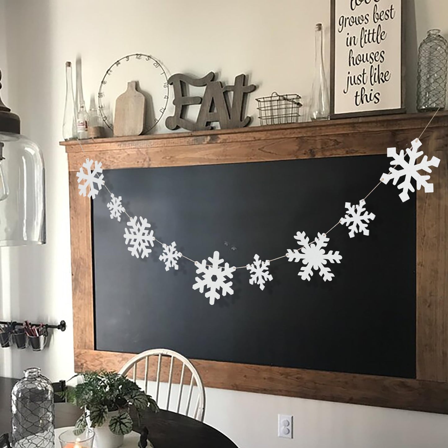 Christmas Decorations-Wooden Small & Big Snowflake Banner for Christmas Decor-Winter White Snowflake Garland for Home Office Party Fireplace Mantle Windows Shelf Farmhouse Decor