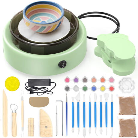 Skirfy Mini Pottery Wheel for Beginners Adults 9.5"Ceramic Machine for Kids Art Craft Glow in Dark Kits 2.2LB Air-Dry Clay,Carving Tools Adjustable Speed,Home Decor DIY Projects Birthday Gift Skirfy