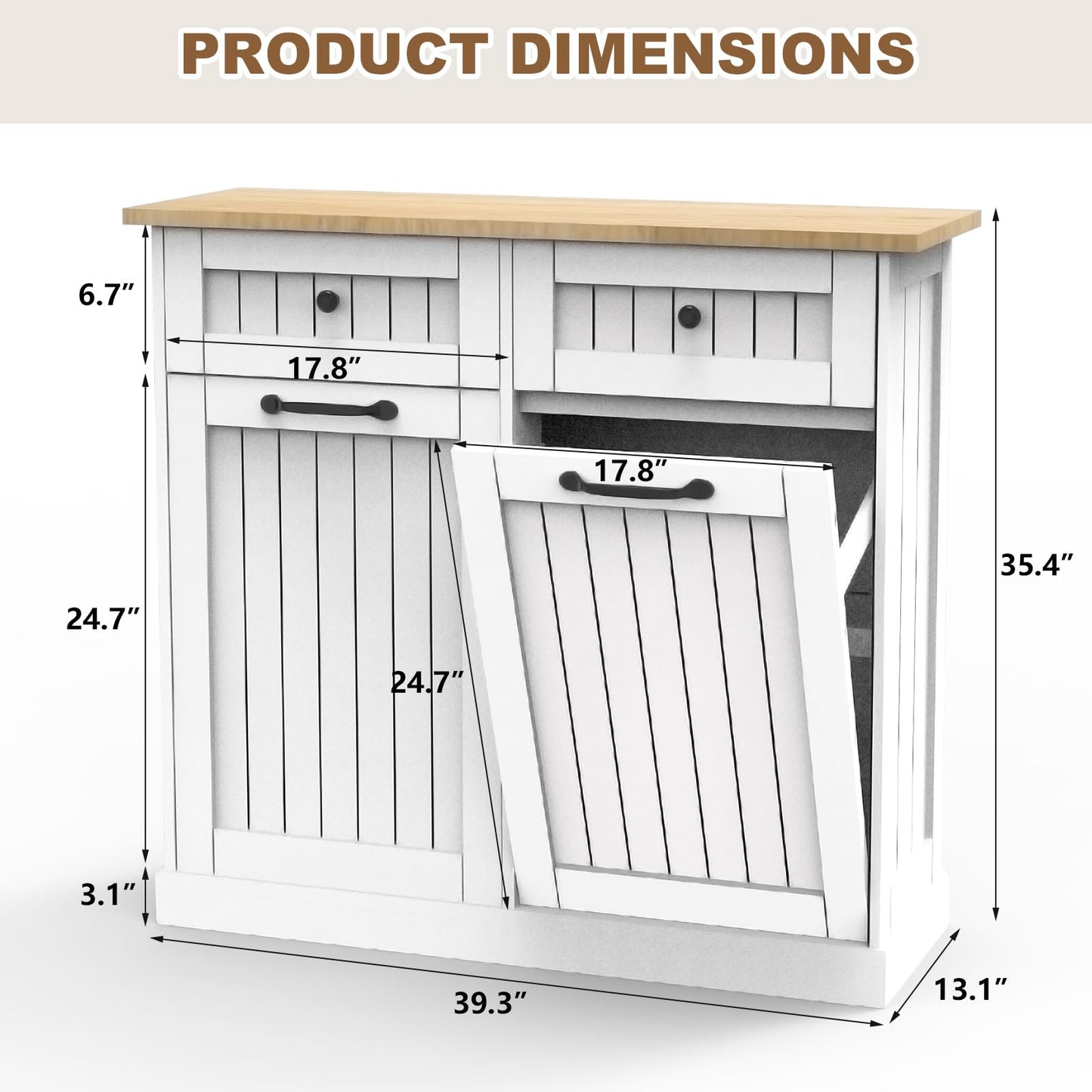 Prapark Elegant Farmhouse Double Tilt Out Trash Can Cabinet with Storage Drawer - Hidden Wooden Design for Kitchen & Living Room, Fits 2x10 Gallon Bins (White) - WoodArtSupply