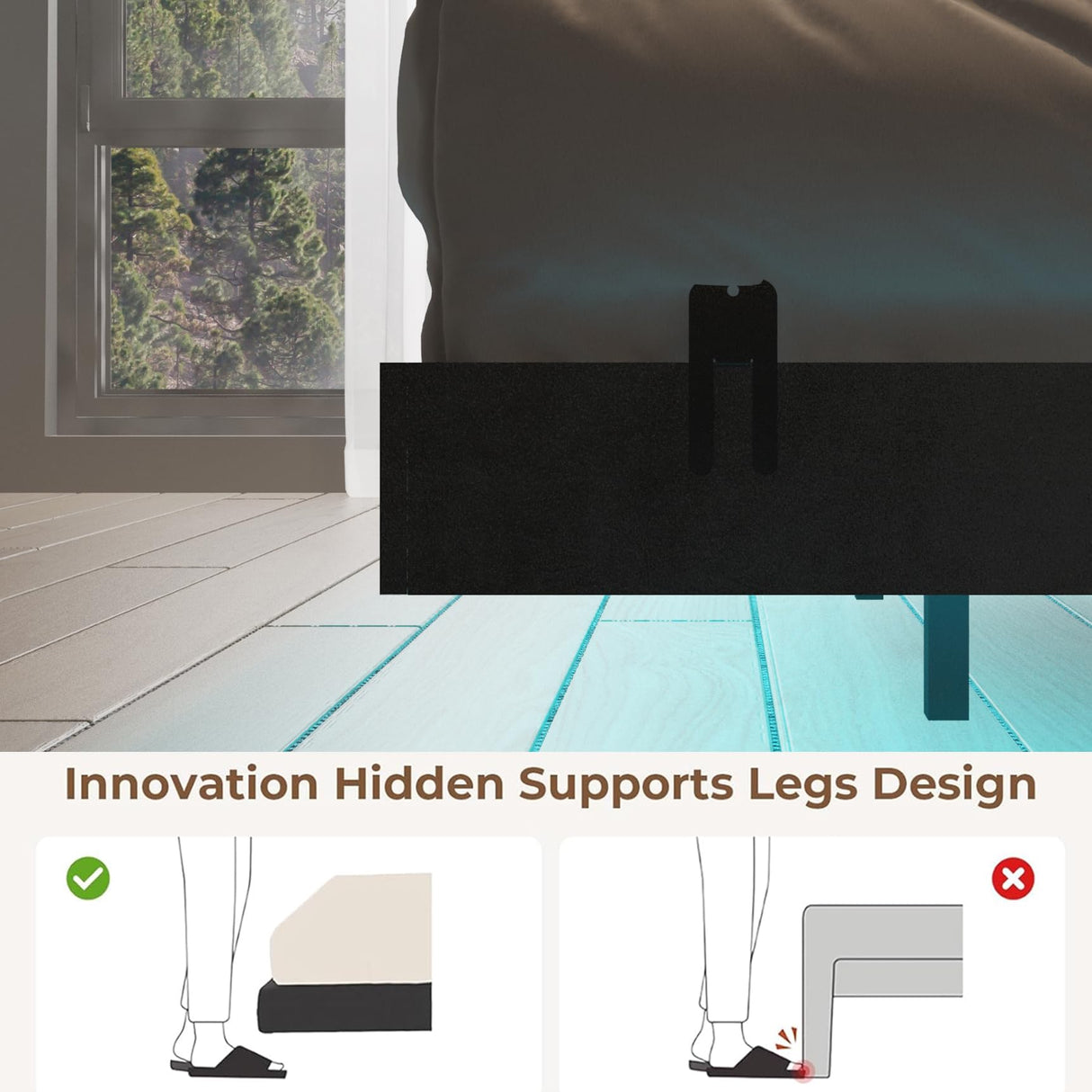 Muluflower Floating Bed Frame Queen Size with LED Lights and Charging Station, Black PU Metal Platform Bed Frame, Easy Assembly, No Box Spring Needed (Queen) Muluflower