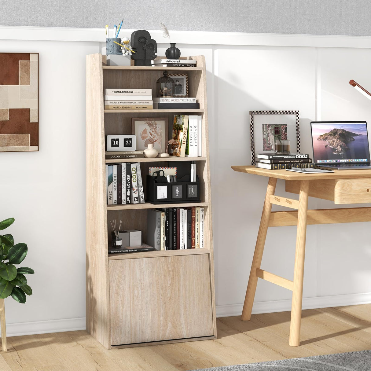 Tangkula Natural 6-Tier Bookcase with Adjustable Shelves and Flip-Up Door Tangkula