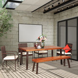 Tangkula 6 Piece Acacia Wood Patio Dining Set, Patiojoy Outdoor Wicker Furniture Set w/Bench, 4 Cushioned Rattan Chairs & Wood Table with Umbrella Hole, Ideal for Backyard Garden Porch Tangkula