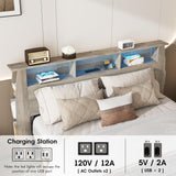 Fameill Queen Size Grey Wood Bed Frame with Smart Bookcase Headboard & LED Lighting Fameill