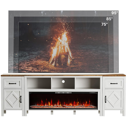 BVIUNTWO 88 Inch Fireplace TV Stand for TVs Up to 95 Inch,Farmhouse Entertainment Center with 50" Electric Fireplace,White TV Console with Storage Cabinets and Drawers for Living Room