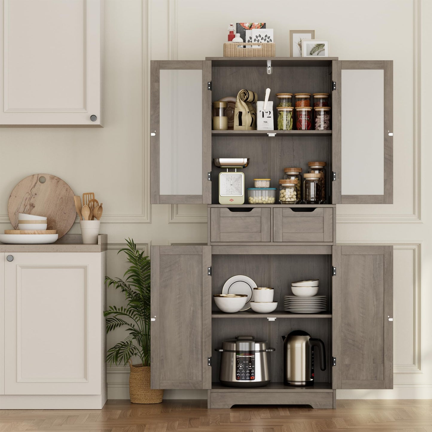 HOSTACK 64" Storage Cabinet, Tall Kitchen Pantry Cabinet, Modern Bathroom Storage Cabinet with Shelves | Drawers and Glass Doors, Free Standing Linen Cabinet Cupboard for Dining Room, Ash Grey