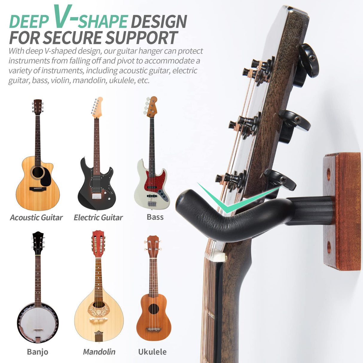 WOGOD Guitar Wall Mount Guitar Hanger Wall Holder - Guitar Wall Hangers Wall Hook Stand for Acoustic Electric Guitars Bass Ukulele - Solid Wood Wall Mount WOGOD