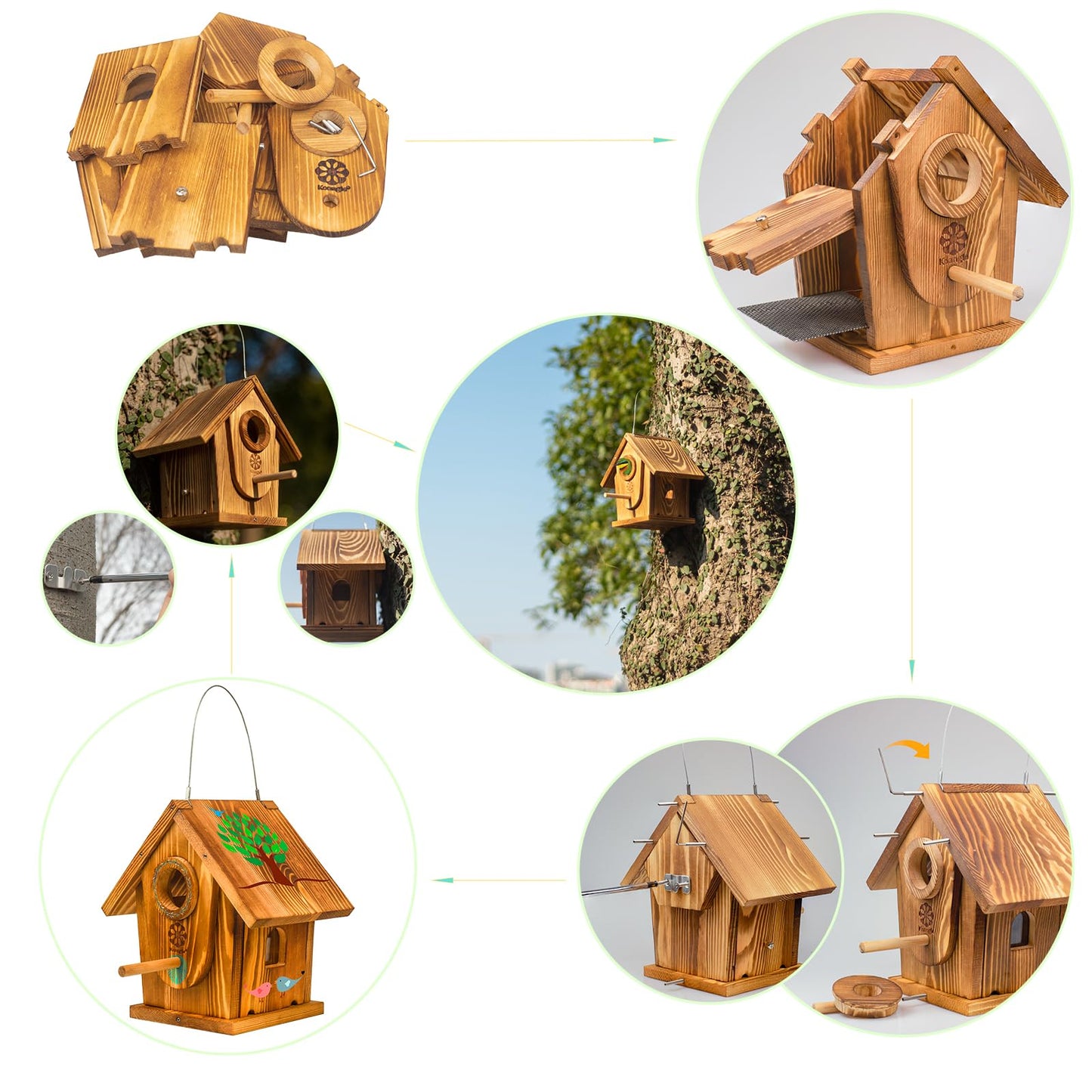 DIY Outdoor Wooden Bird House Kits with Pole&Windows - Build and Paint for Adults & Kids,Dovetail Joint Structure for Easy Installation, Carbonized for Durability, Sturdy and Easy to Clean,Paint Kit