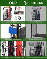 FHXZH Golf Bag Storage Garage Organizer, 3 Golf Bag Stand and Sports Equipment Storage Rack for Garage with Wheels, 4 Hooks, Golf Accessories Storage Rack with Extra Golf Clubs Display Rack FHXZH