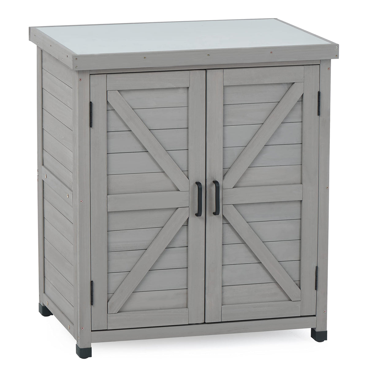 Outdoor Potting Bench with Storage Cabinet and Metal Top, Wood Workstation for Outdoor Patio, Garden Wood-Natrl
