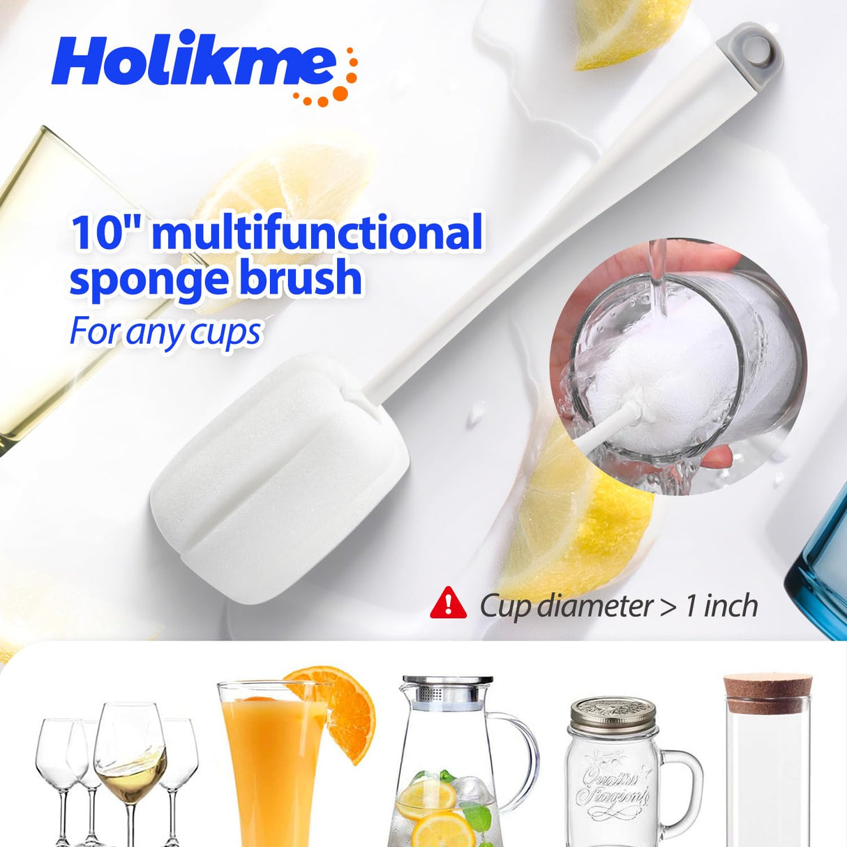 Holikme Bottle Brush Tube Cleaning Set with Long Handle, Cup Cleaner for Washing Narrow Neck Beer Wine Decanter Pipes Lids Sinks Cap Covers, White Holikme