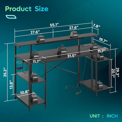 Bestier 55 inch Gaming Desk with Power Outlets & LED Lights, Computer Desk with Monitor Stand & Adjustable Shelves, Home Office Desk with Cup Holder & Hook, Black 3D Carbon Fiber - WoodArtSupply